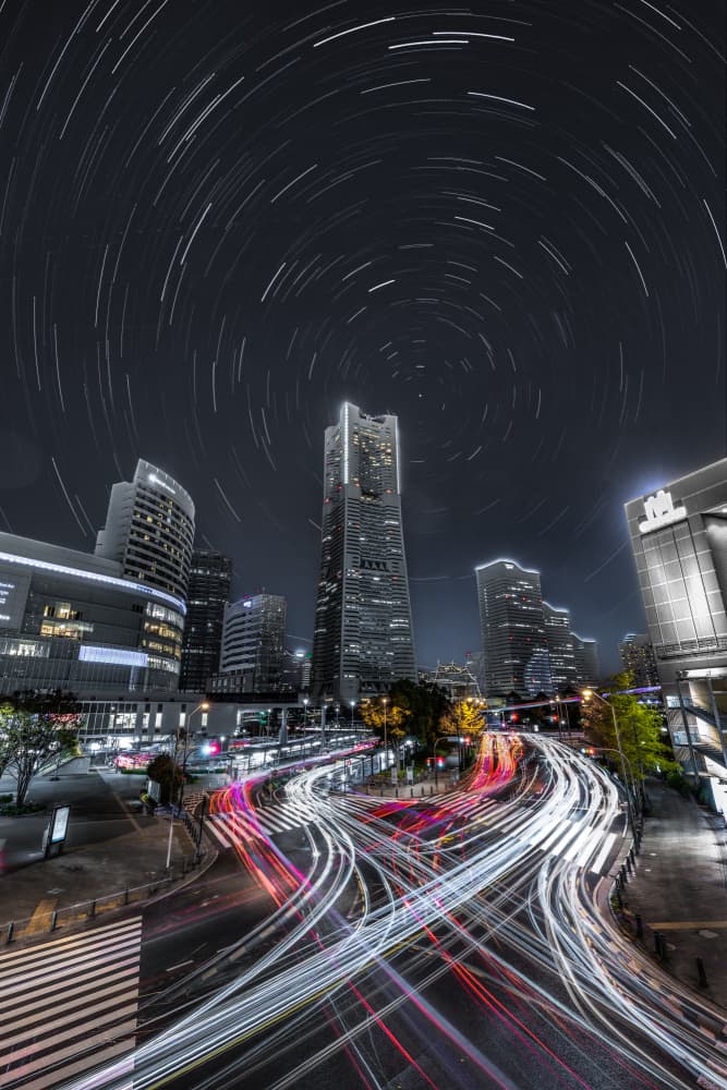Metropolis Star Trails by まちゅばら/Hiroki Matsubara — canvas wall art