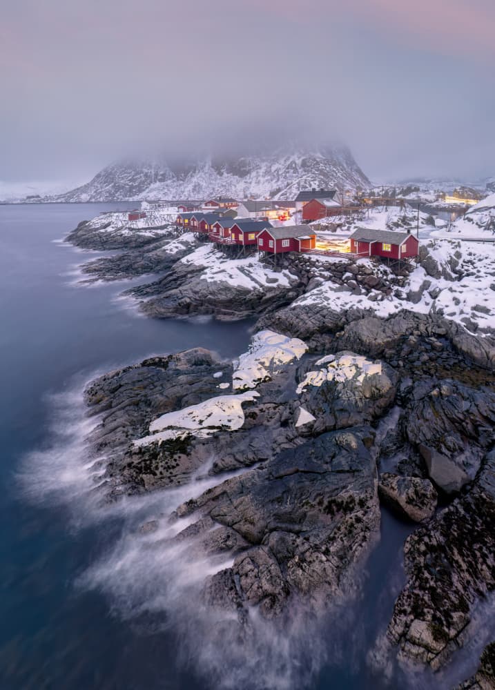 Red Cabins Snowy Coast by James Zhen Yu — canvas wall art