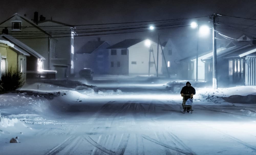 Snowy Village Night by Mette Caroline Strøksnes — canvas wall art