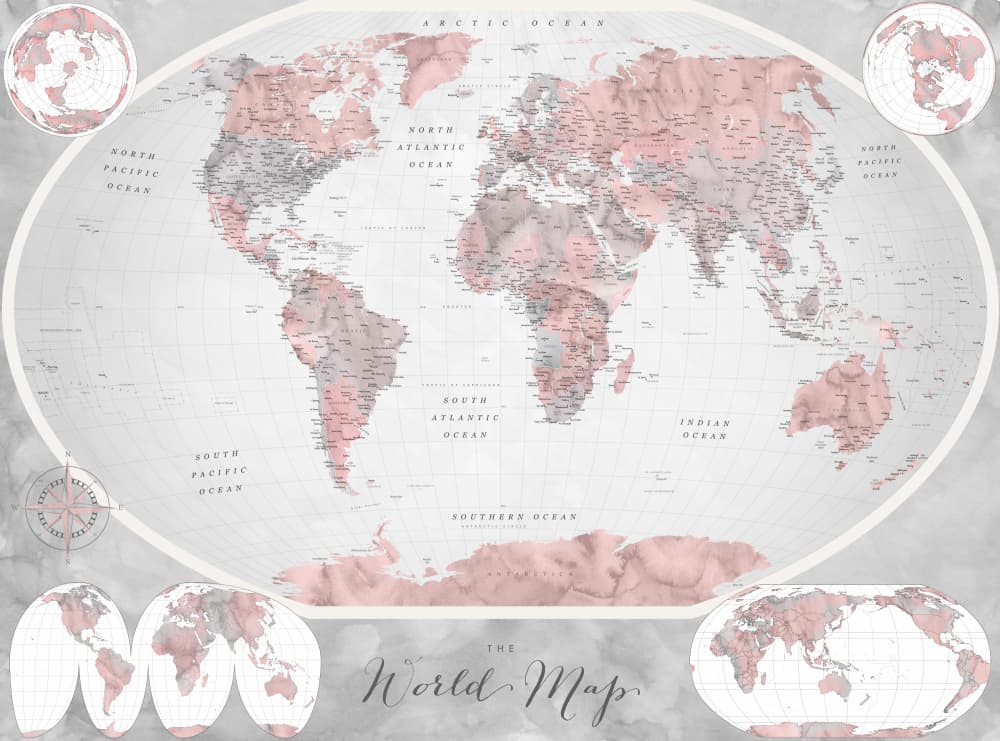 Pink Gray World Map by Rosana Laiz Blursbyai — canvas wall art