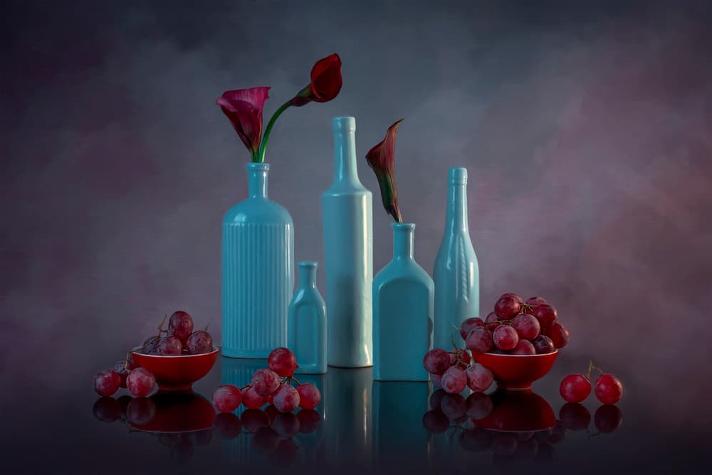 Bottles Grapes and Lilies by Lydia Jacobs — canvas wall art