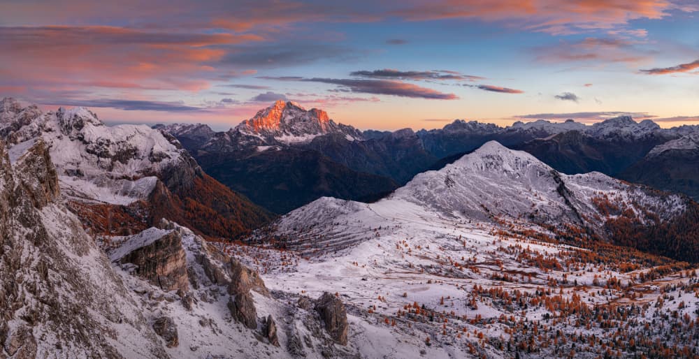 Snowy Peaks Autumn Glow by Martin Strouhal QEP — canvas wall art