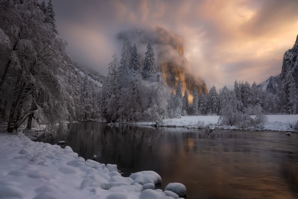 Misty Mountain Winter Glow by Ryan Dyar — canvas wall art