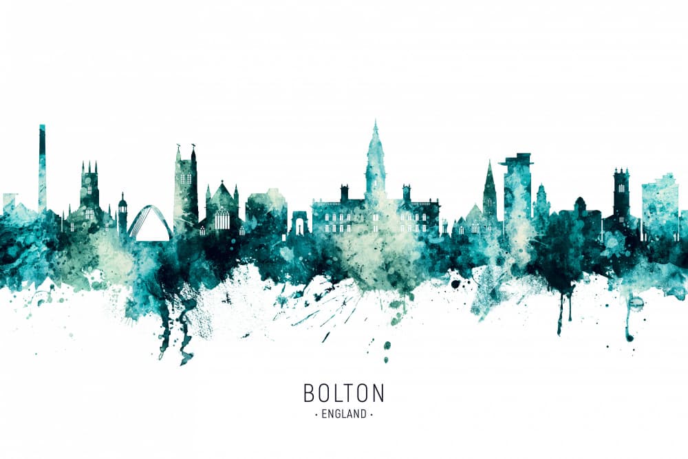 Bolton Watercolor Skyline by Michael Tompsett — canvas wall art
