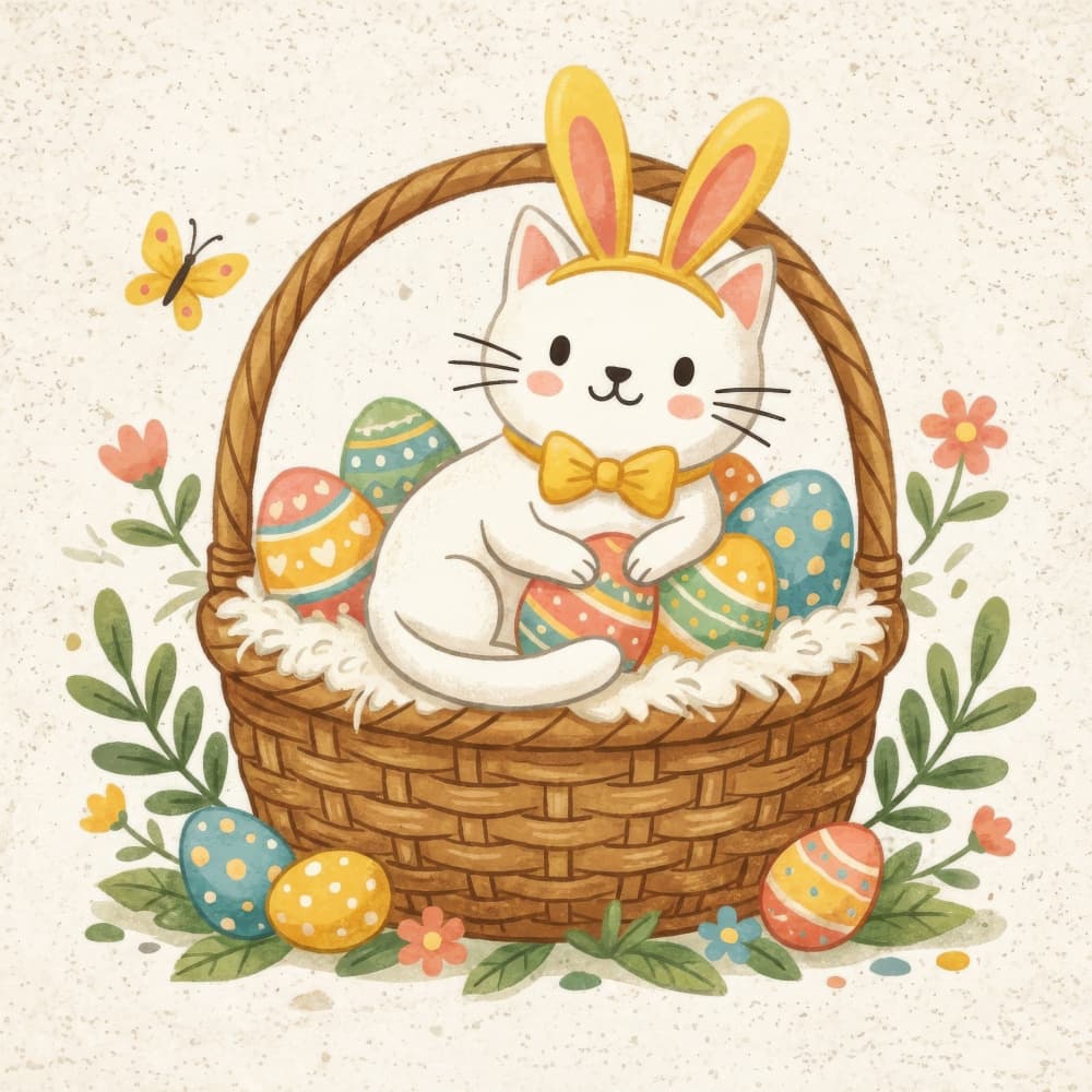 Whimsical Easter Cat by Emel Tunaboylu — canvas wall art