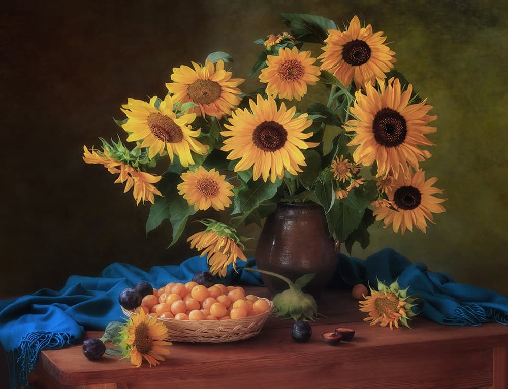 Autumn Sunflowers and Plums by Tatyana Skorokhod — canvas wall art
