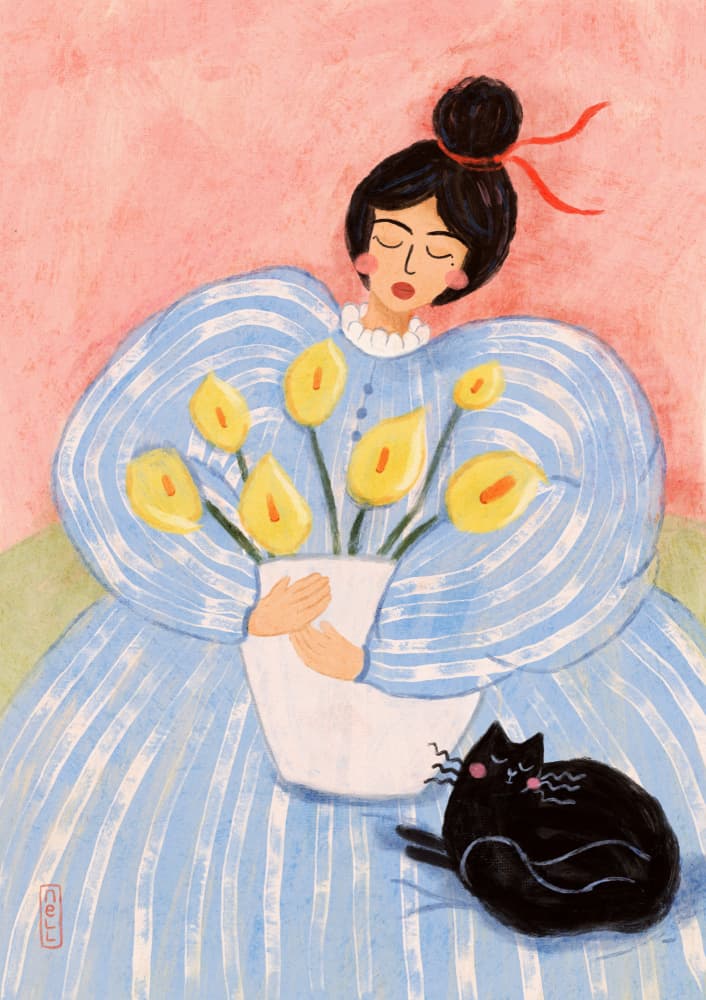 Woman With Flowers And Cat by Dirkie Nell — canvas wall art