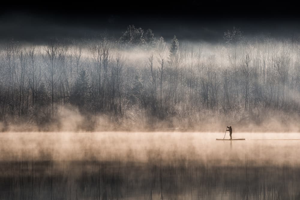 Misty Morning Paddleboarder by Miha Pavlin — canvas wall art