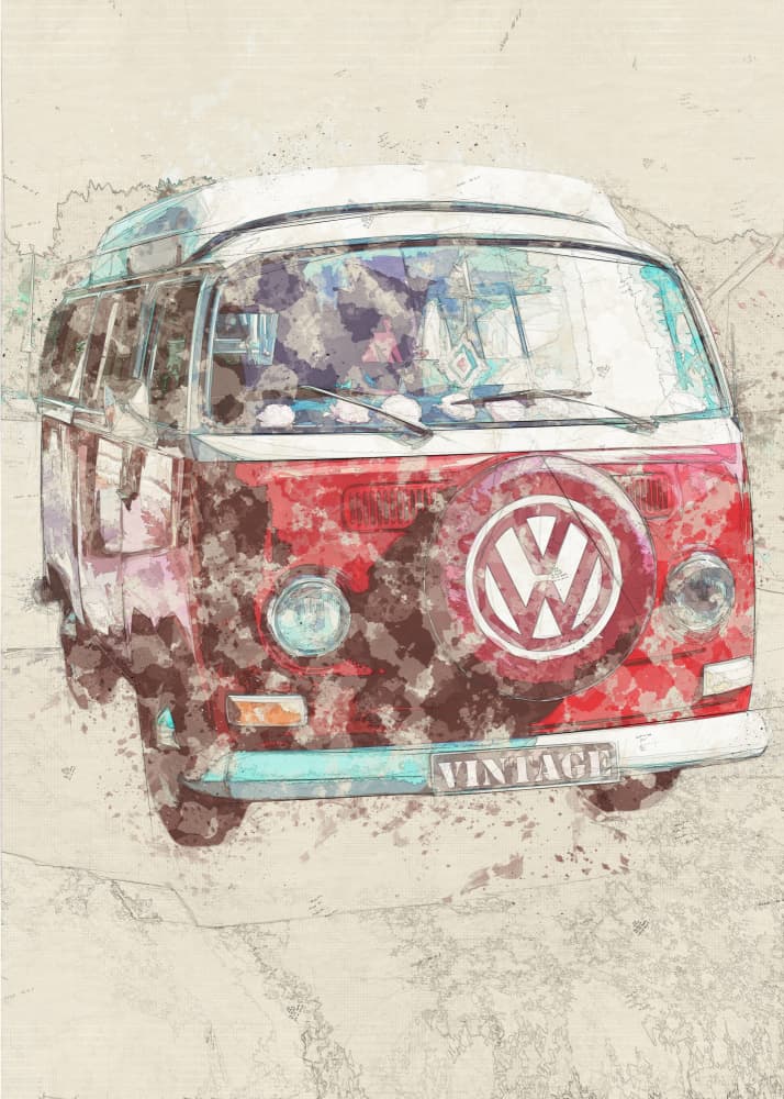 Red Vintage Van by Lembayung senja studio [Vintage Poster] — canvas wall art