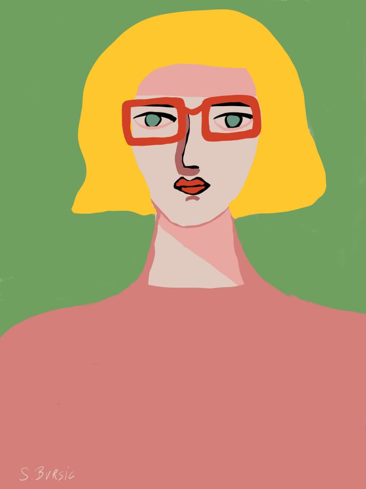Blonde Woman Red Glasses by Sharyn Bursic — canvas wall art