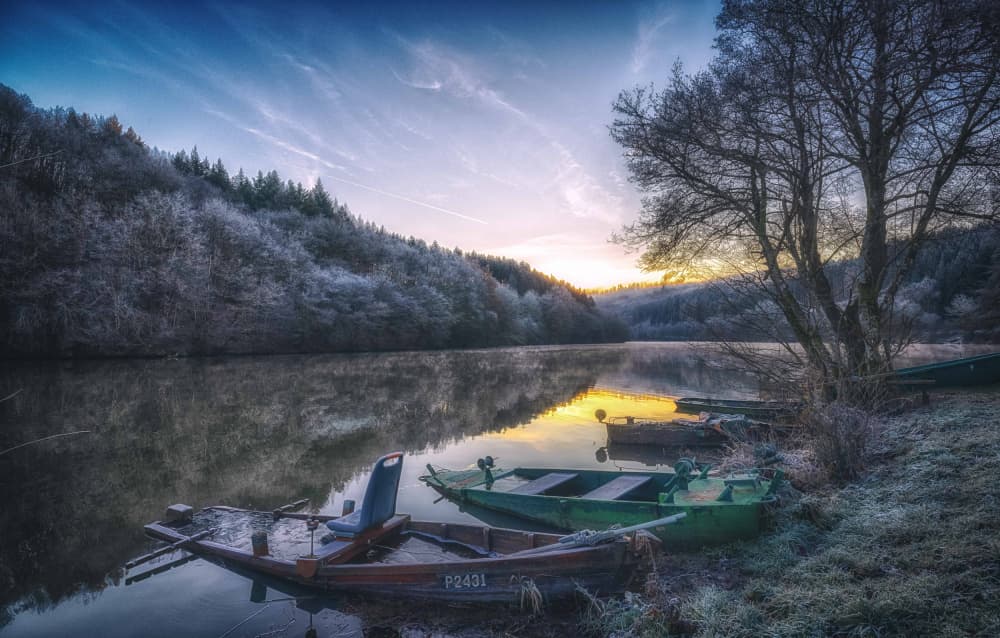 Winter Lake Morning Boats by Guy Krier — canvas wall art
