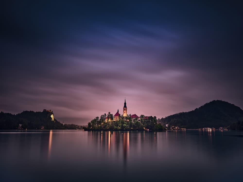 Lake Bled Island Night Reflection by Radek Pohnan — canvas wall art