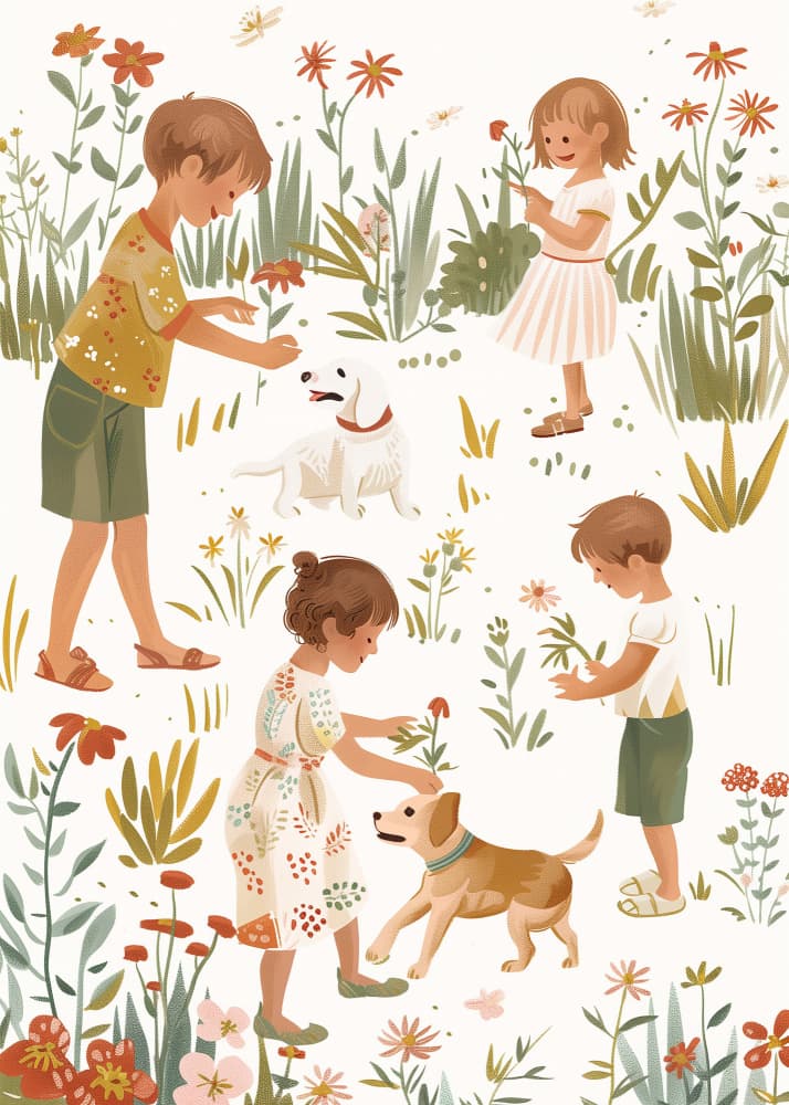 Children and Dogs in Flowers by Pictufy Studio IV — canvas wall art