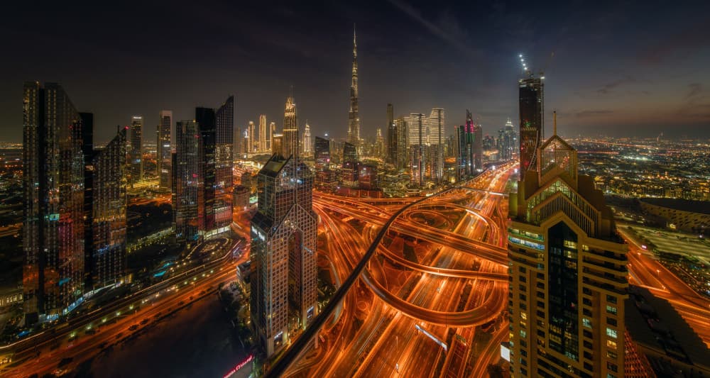Vibrant Dubai Night Skyline by Bartolome Lopez — canvas wall art