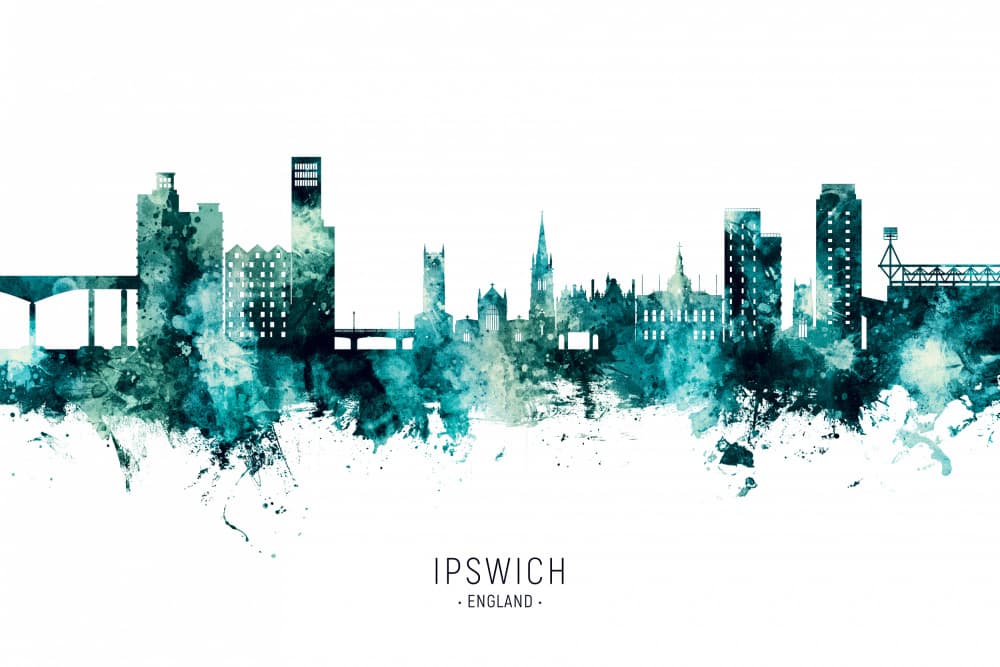 Ipswich Watercolor Skyline by Michael Tompsett — canvas wall art
