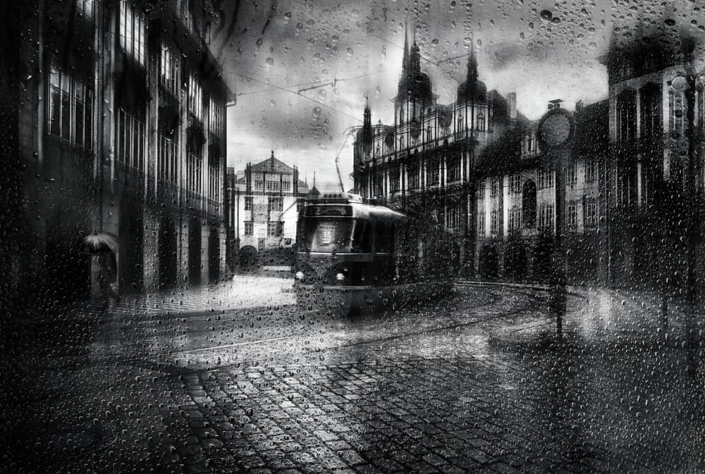 Rainy City Tram by Fran Osuna — canvas wall art