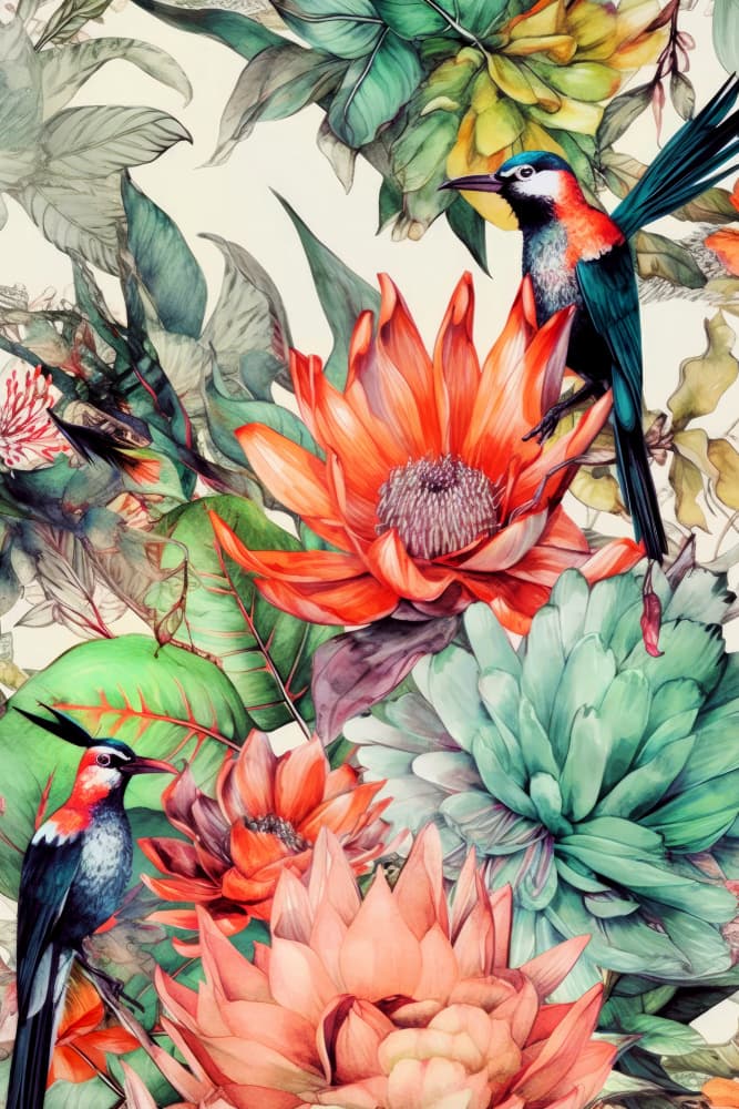 Vibrant Tropical Birds and Flowers by Justyna Jaszke — canvas wall art