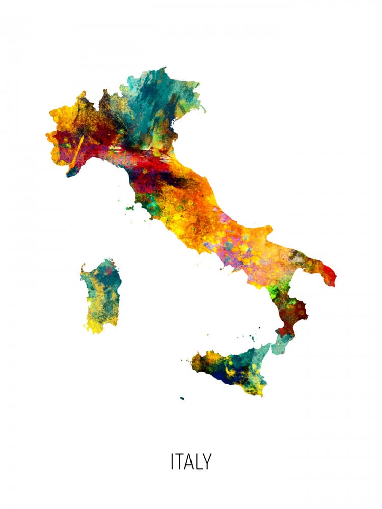 Vibrant Italy Map by Michael Tompsett — canvas wall art