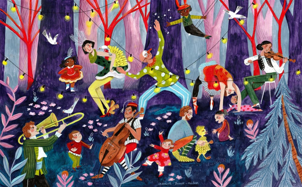 Circus performers and children in the forest by Caroline Bonne Müller — canvas wall art