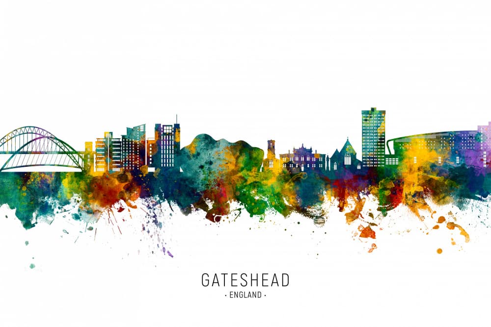 Gateshead England Watercolor Skyline by Michael Tompsett — canvas wall art