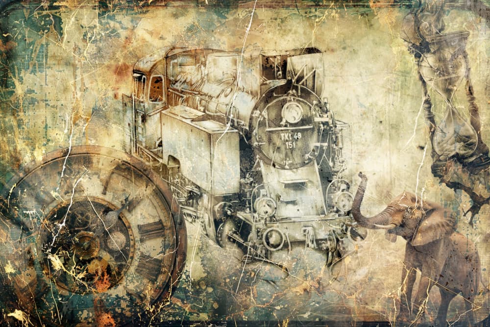 Vintage Train Time Elephant by Rafal Kulik — canvas wall art