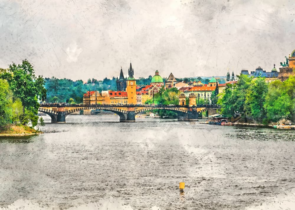Prague River Cityscape by Justyna Jaszke — canvas wall art
