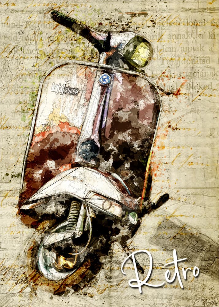 Retro Scooter Journey by Lembayung senja studio [Vintage Poster] — canvas wall art