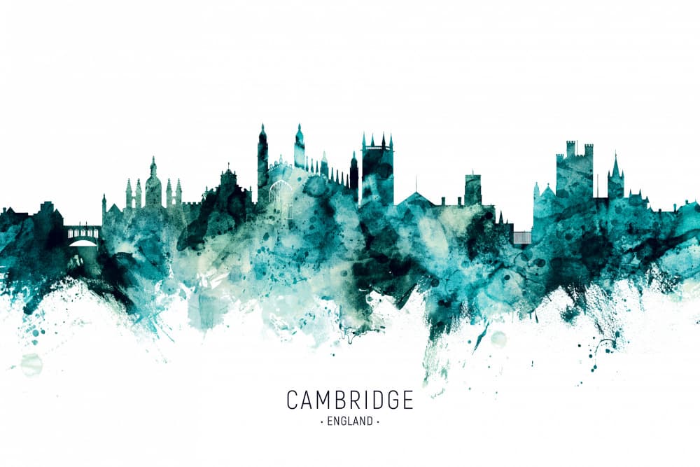 Teal Cambridge Skyline by Michael Tompsett — canvas wall art