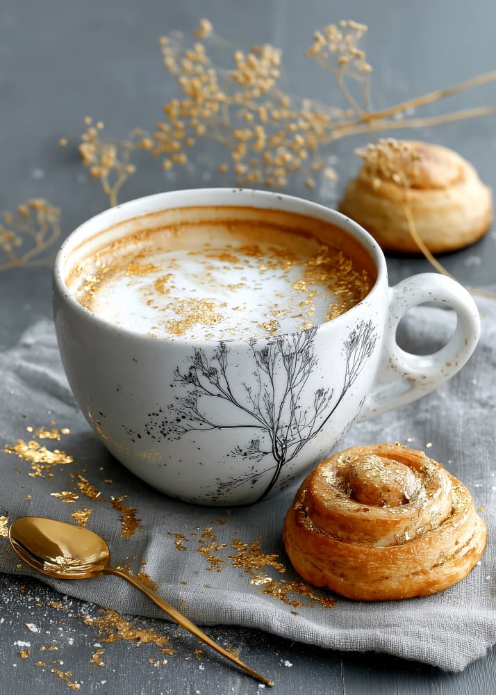 Golden Coffee and Roll by Justyna Jaszke — canvas wall art