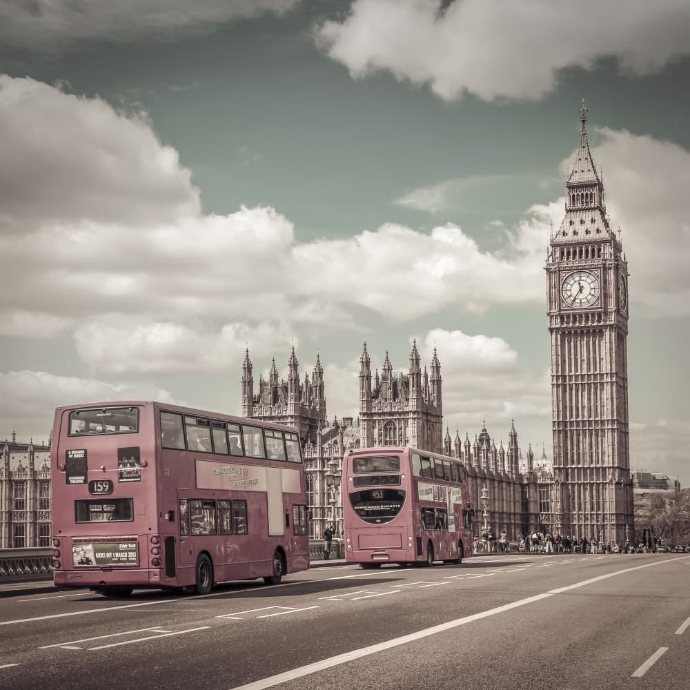 Big Ben and Red Buses by Melanie Viola — canvas wall art