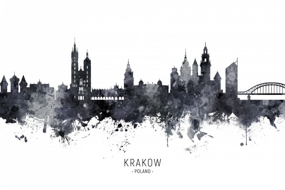 Krakow Skyline Watercolor by Michael Tompsett — canvas wall art
