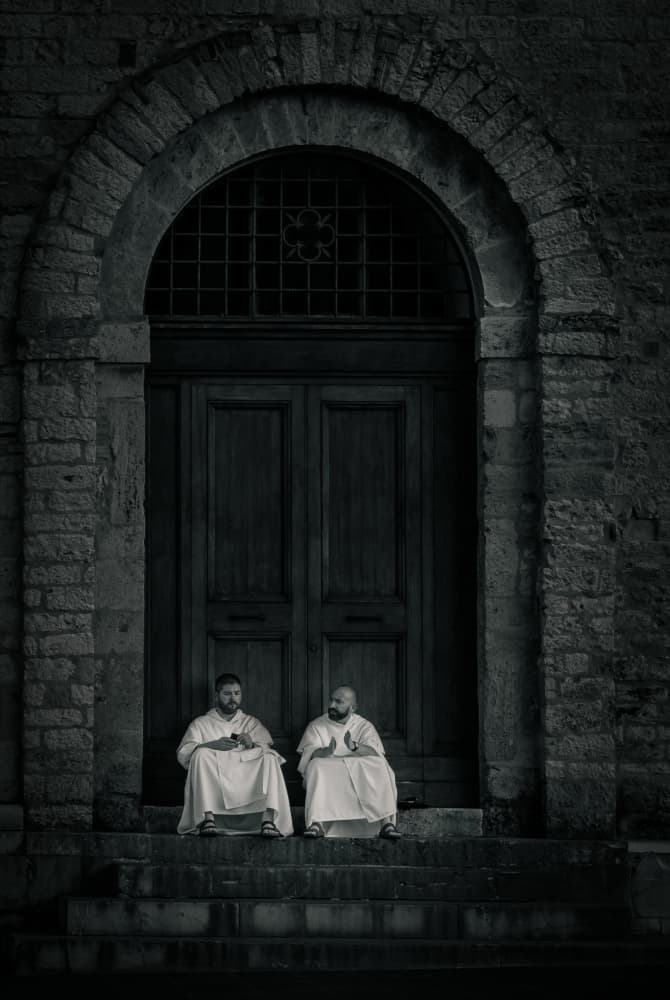 Monks on Ancient Steps by Miroslaw Prybinski — canvas wall art
