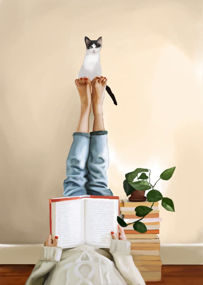 Cozy Cat Reading by Flow Line — canvas wall art