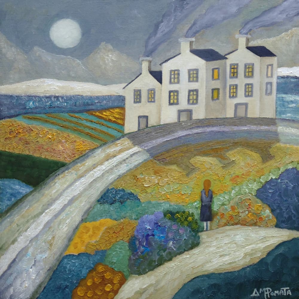 Woman in Moonlit Village by Angeles M. Pomata — canvas wall art
