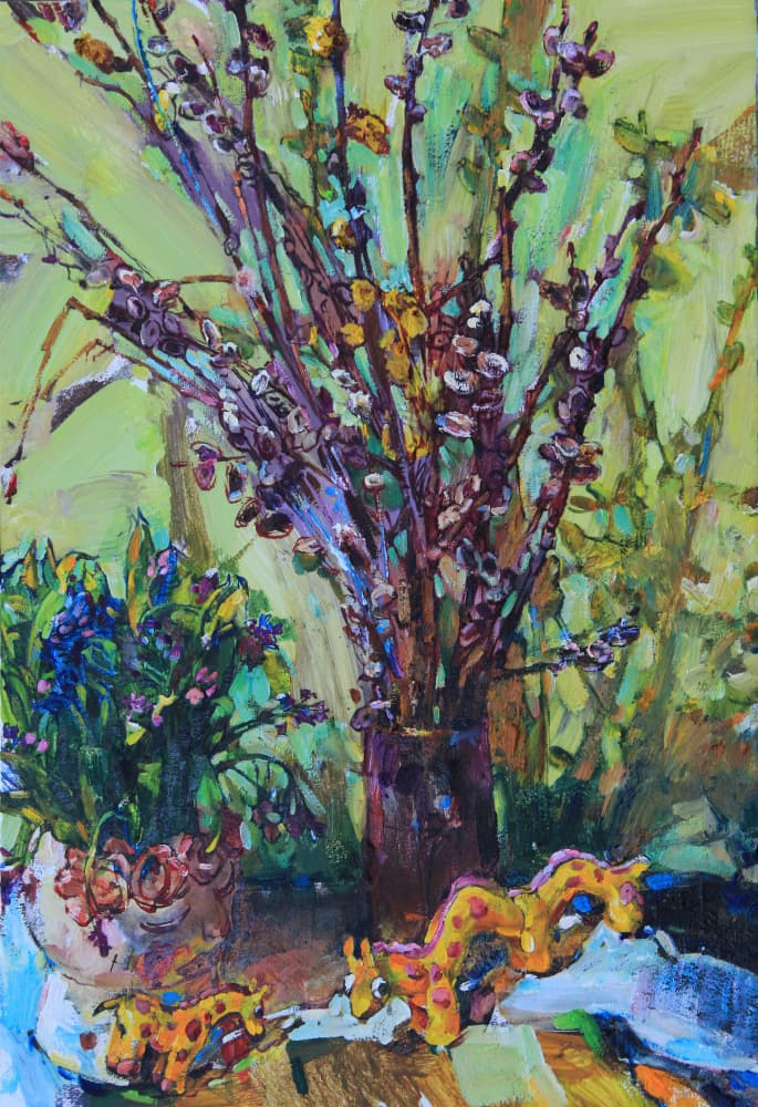 Spring Willows And Giraffes by Andrii Kutsachenko — canvas wall art