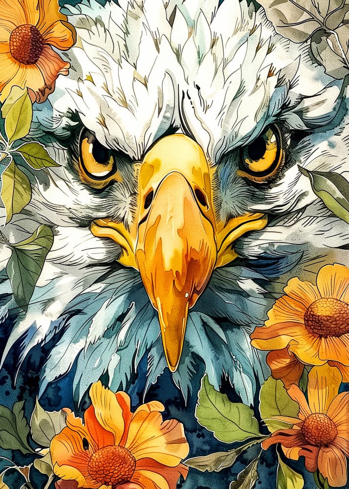Vibrant Eagle and Flowers by Justyna Jaszke — canvas wall art