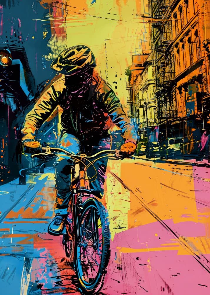 Vibrant City Cyclist by Justyna Jaszke — canvas wall art