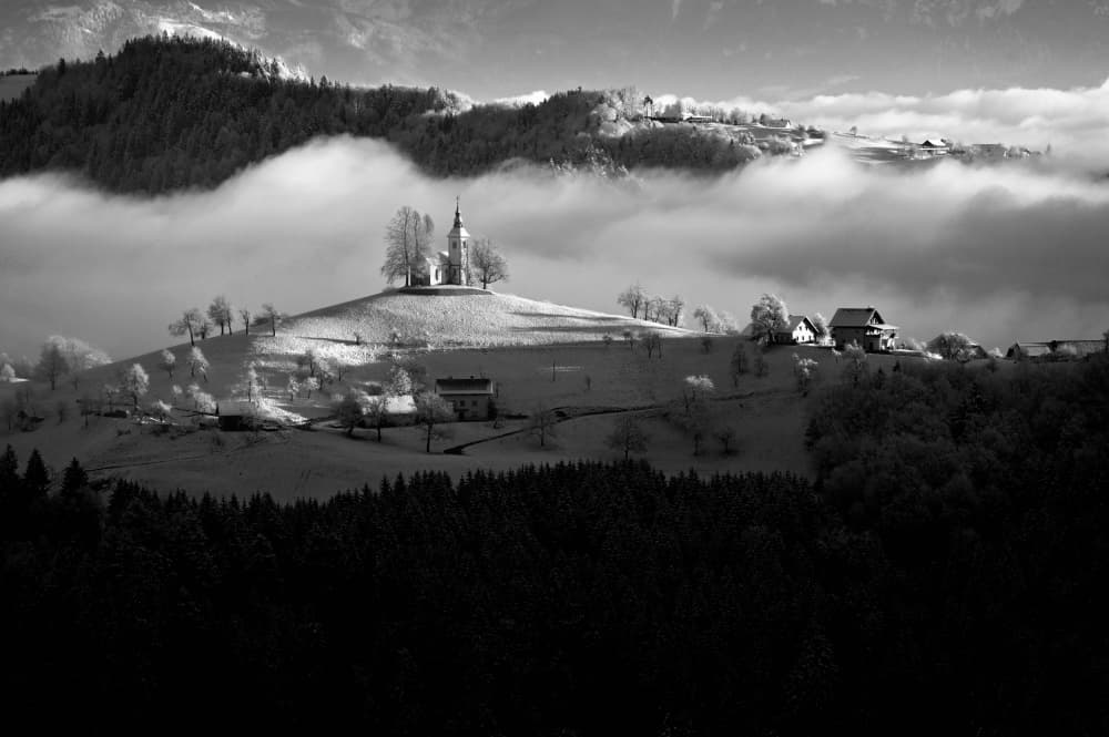 Winter Church in Fog by Drago Vogrinec — canvas wall art