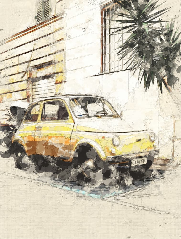 Classic Yellow Fiat by Lembayung senja studio [Vintage Poster] — canvas wall art