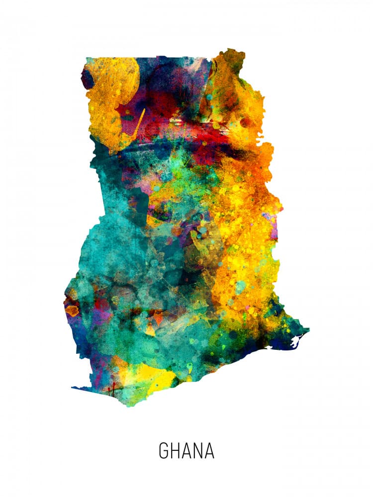 Vibrant Ghana Map by Michael Tompsett — canvas wall art
