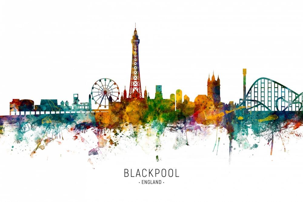 Blackpool Skyline Watercolor by Michael Tompsett — canvas wall art