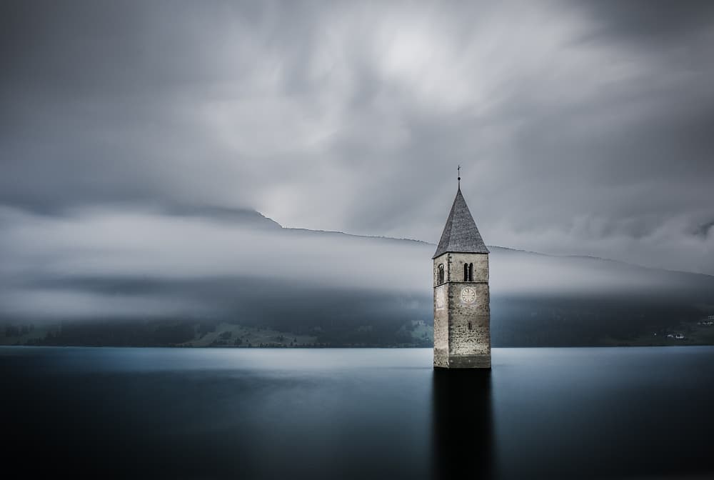 Misty Lake Bell Tower by Leon — canvas wall art