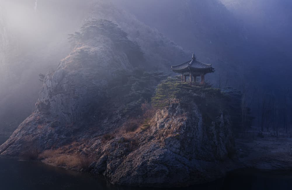 Misty Korean Pagoda by Tiger Seo — canvas wall art