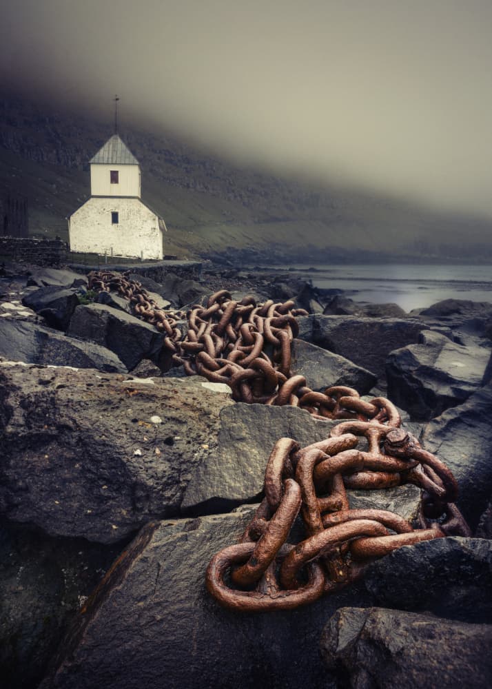 Misty Coastal Church Chain by Hans Repelnig — canvas wall art