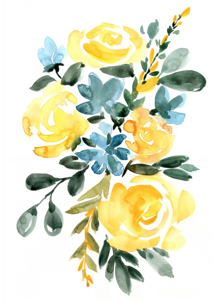 Watercolor Yellow Blue Bouquet by Rosana Laiz Blursbyai — canvas wall art