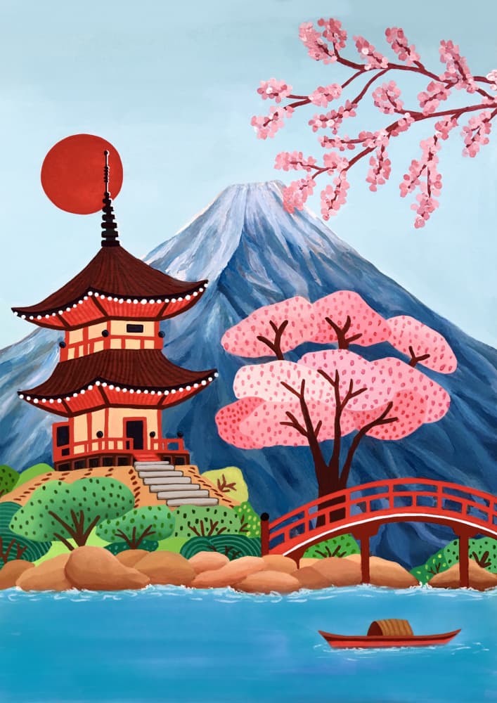 Japanese Pagoda Spring Landscape by Nidhi Kachhadiya — canvas wall art