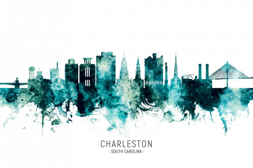 Teal Charleston Skyline by Michael Tompsett — canvas wall art