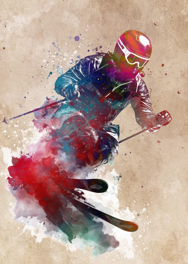 Vibrant Skier Watercolor Splash by Justyna Jaszke — canvas wall art