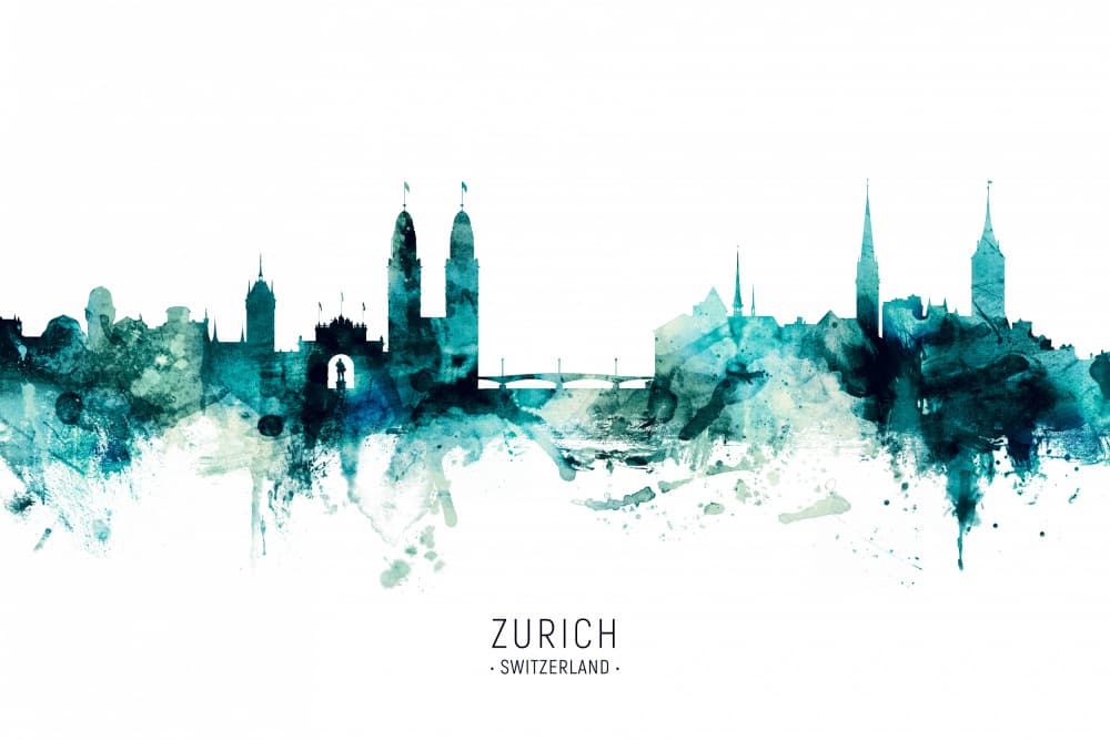 Teal Zurich Skyline by Michael Tompsett — canvas wall art