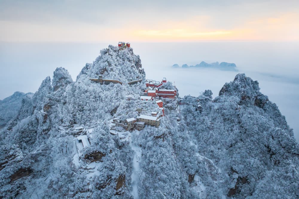 Snowy Mountain Temple Dawn by Simoon — canvas wall art